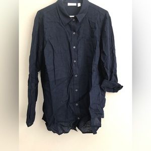 Susan Graver Regular Pure Linen Blend Button Front Shirt - Navy (sz L) a596332